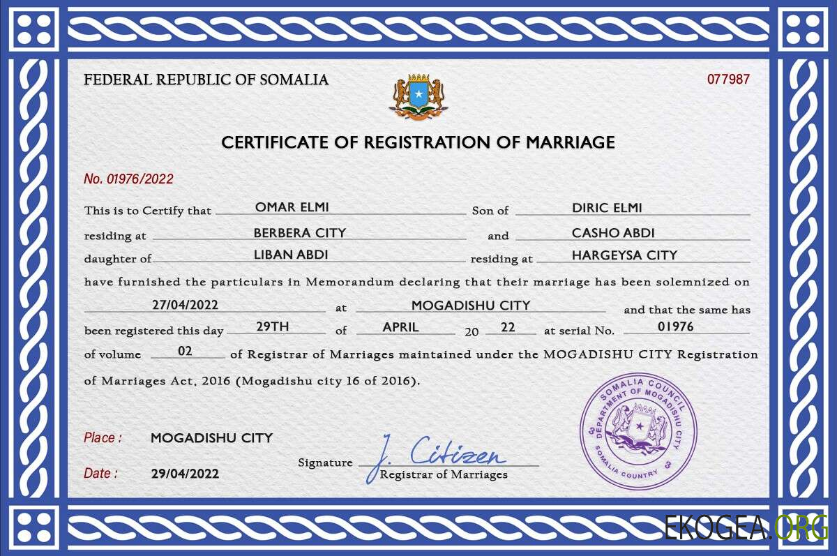 Modèle PSD de certificat de mariage en Somalie